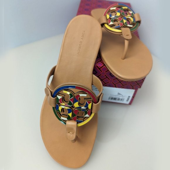 Tory Burch $298 Enamel Miller Soft Sandal Multi Natural Vachetta Tan MAN… - Picture 2 of 13